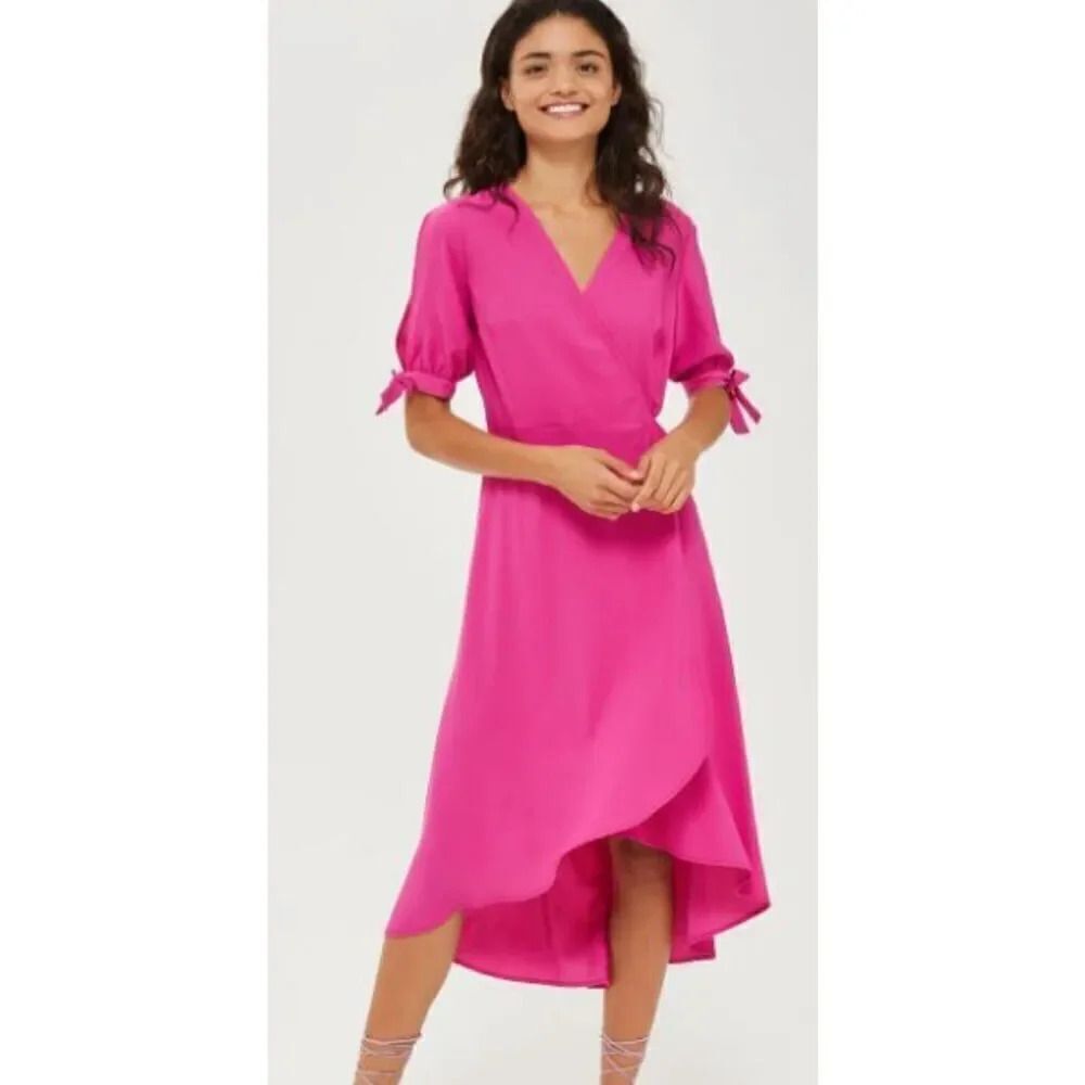 TopShop 6 fusha lightweight short sleeve hi low wrap dress - tie waist -polyeste